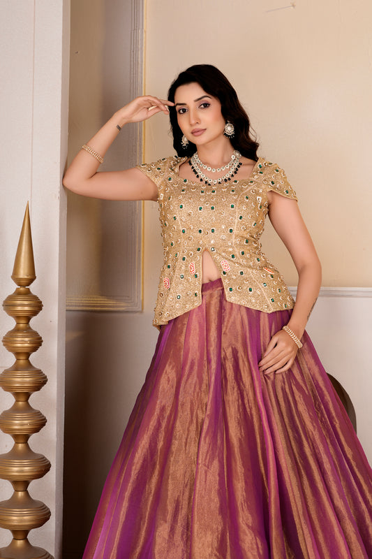 Golden Cap Sleeve Peplum and Wine Lehnga Set