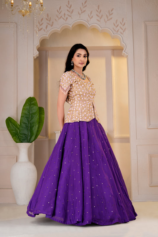 Golden Cap Sleeve Peplum and Purple Lehnga Set