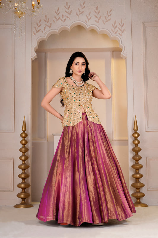 Golden Cap Sleeve Peplum and Wine Lehnga Set