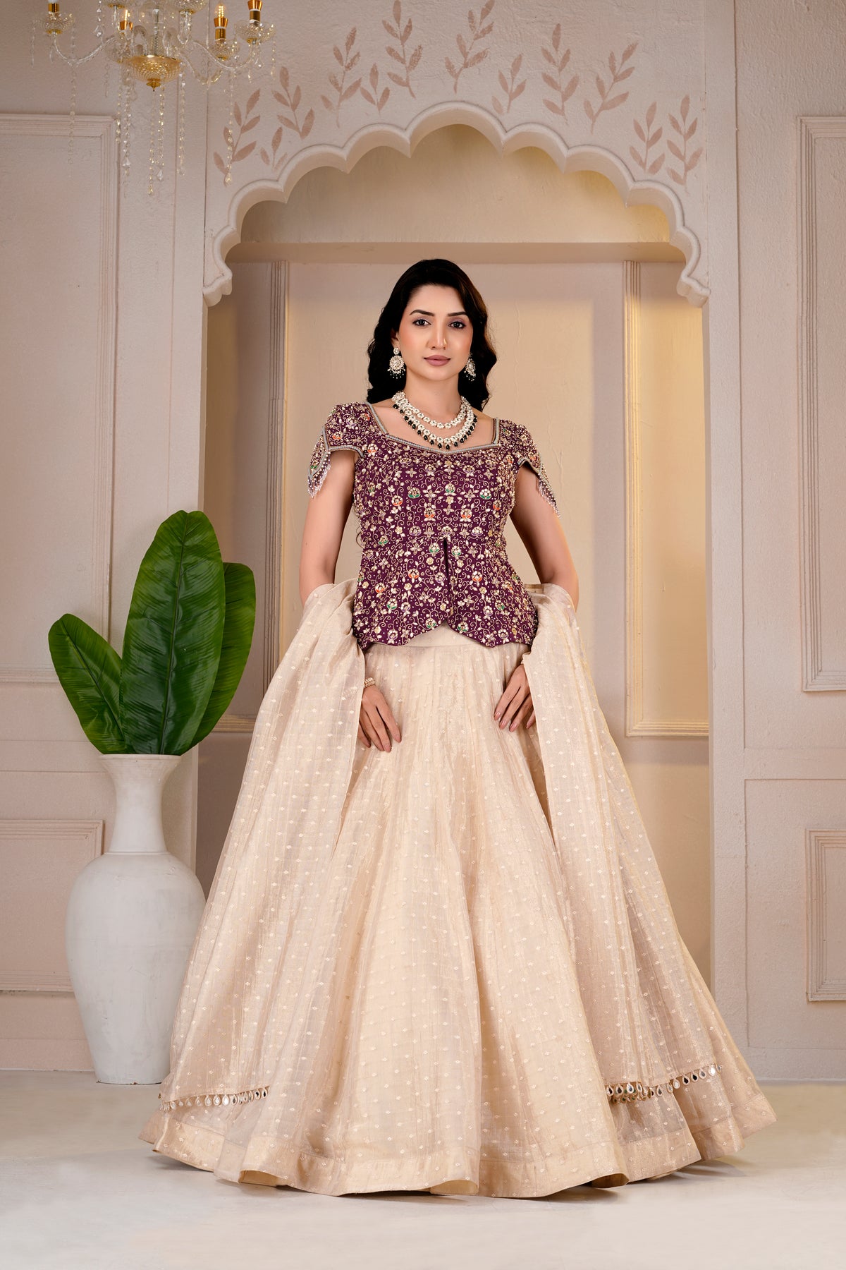 Wine Cap Sleeve Peplum and Golden Lehnga Set