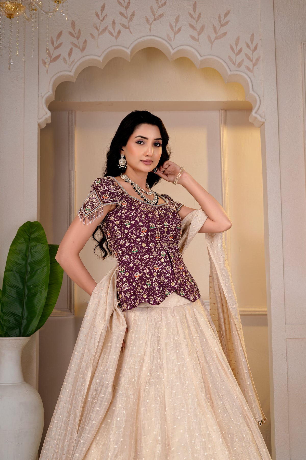 Wine Cap Sleeve Peplum and Golden Lehnga Set
