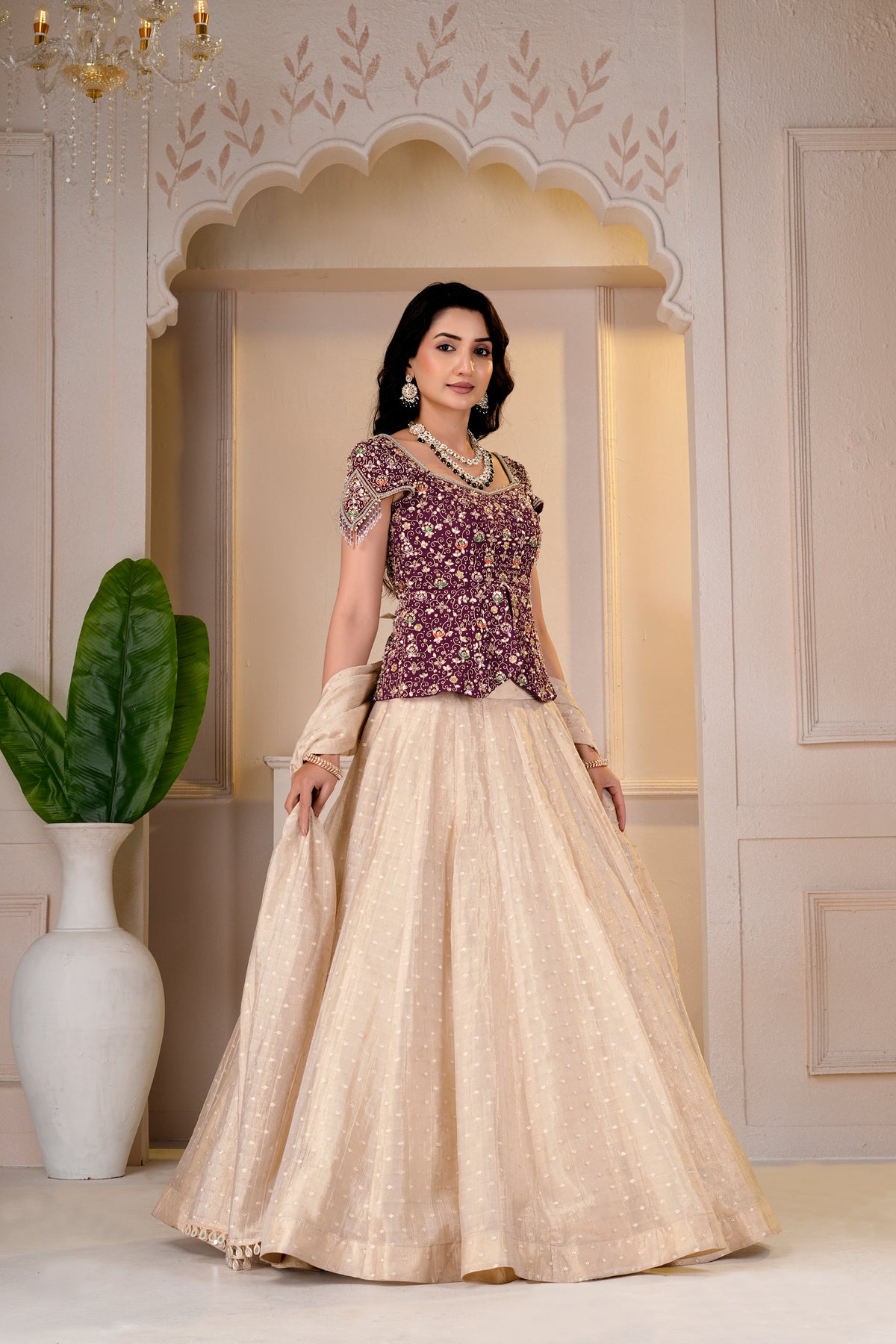 Wine Cap Sleeve Peplum and Golden Lehnga Set