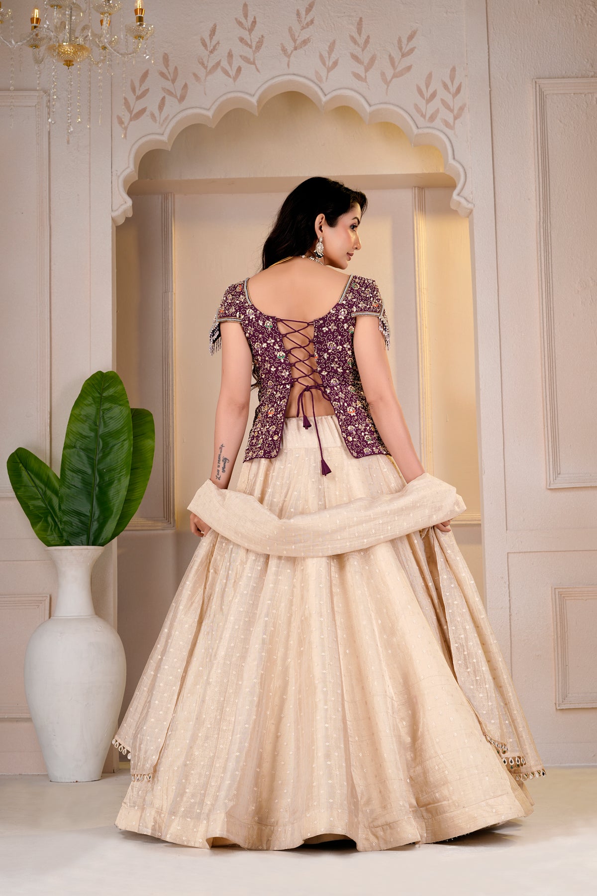 Wine Cap Sleeve Peplum and Golden Lehnga Set