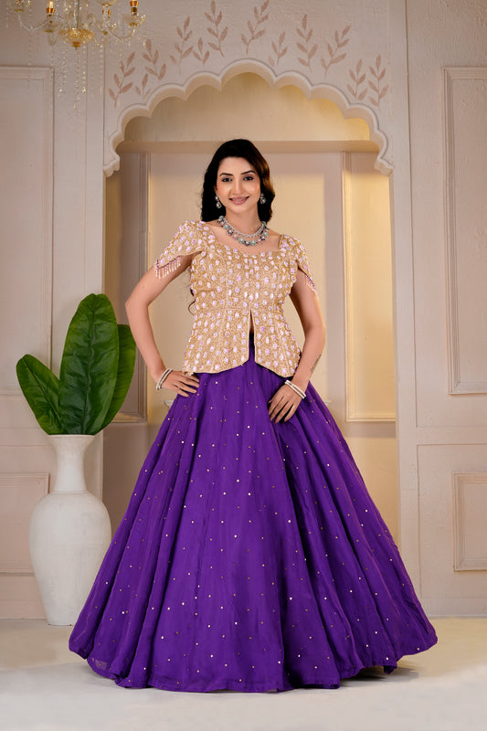 Golden Cap Sleeve Peplum and Purple Lehnga Set