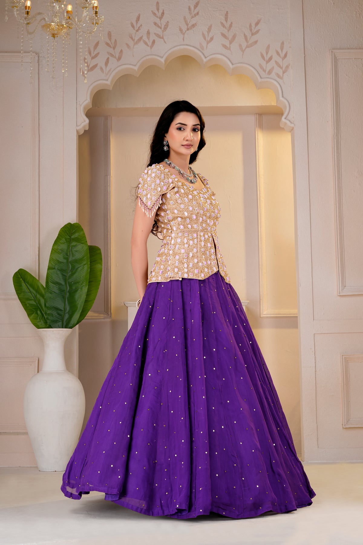 Golden Cap Sleeve Peplum and Purple Lehnga Set