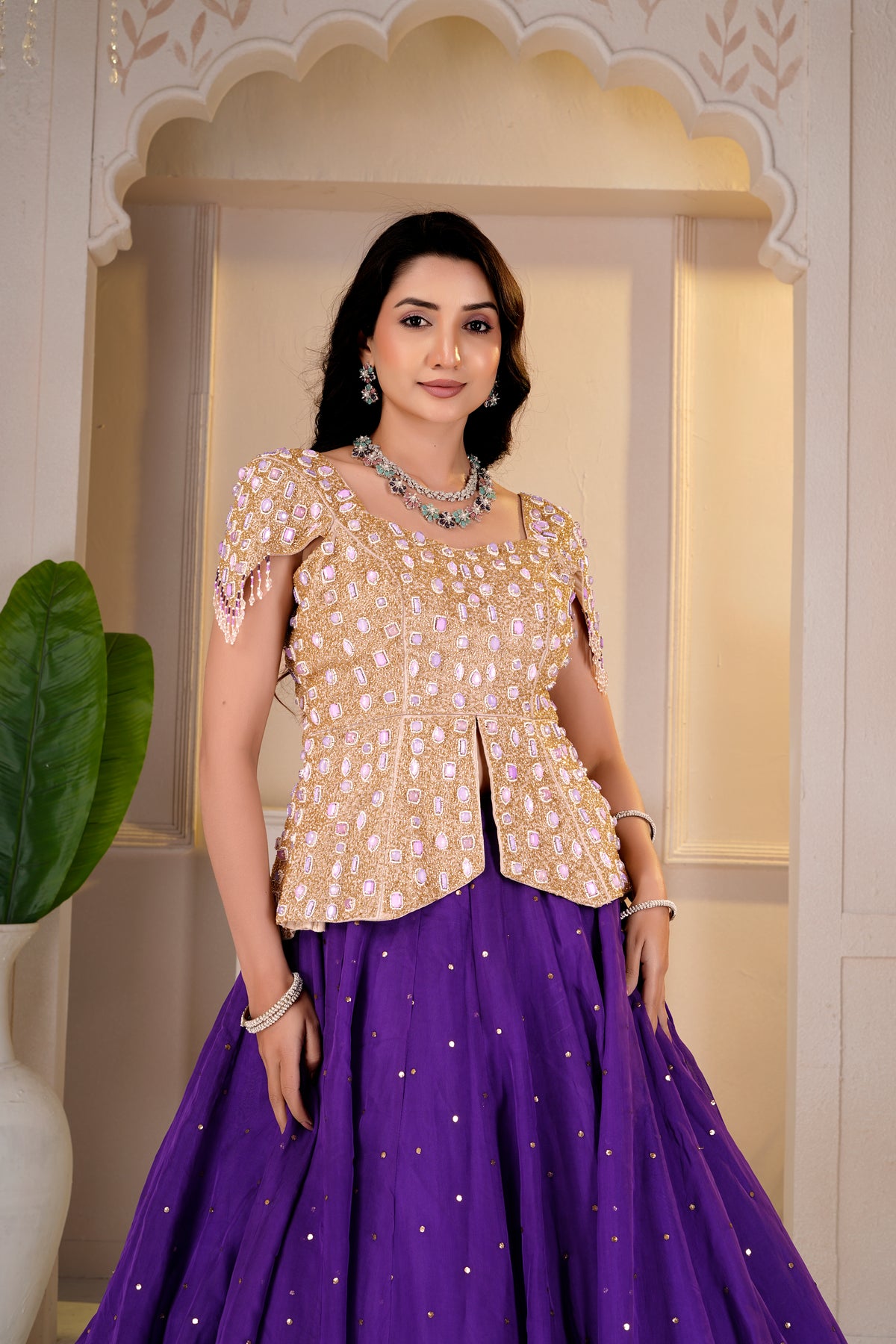 Golden Cap Sleeve Peplum and Purple Lehnga Set