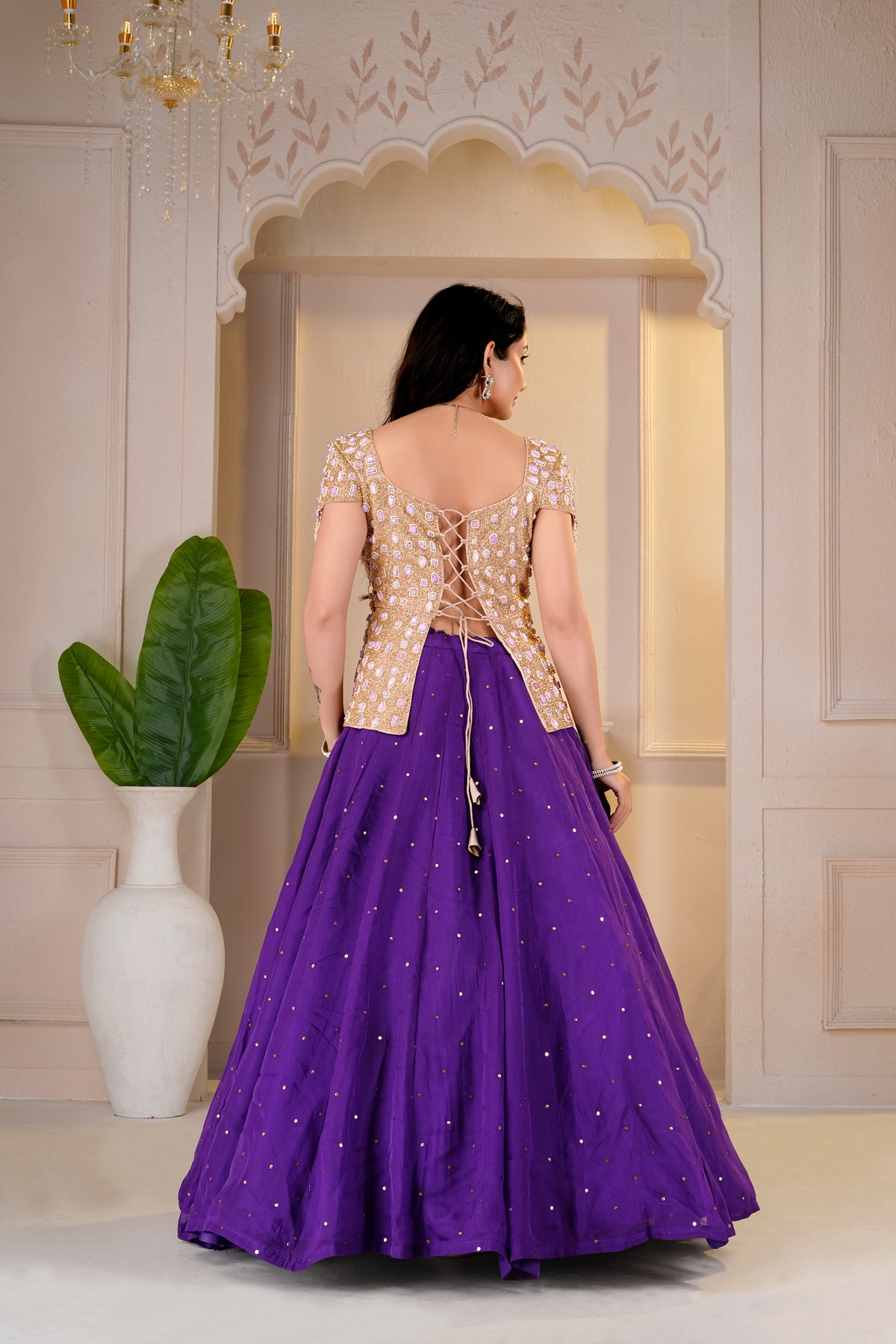 Golden Cap Sleeve Peplum and Purple Lehnga Set