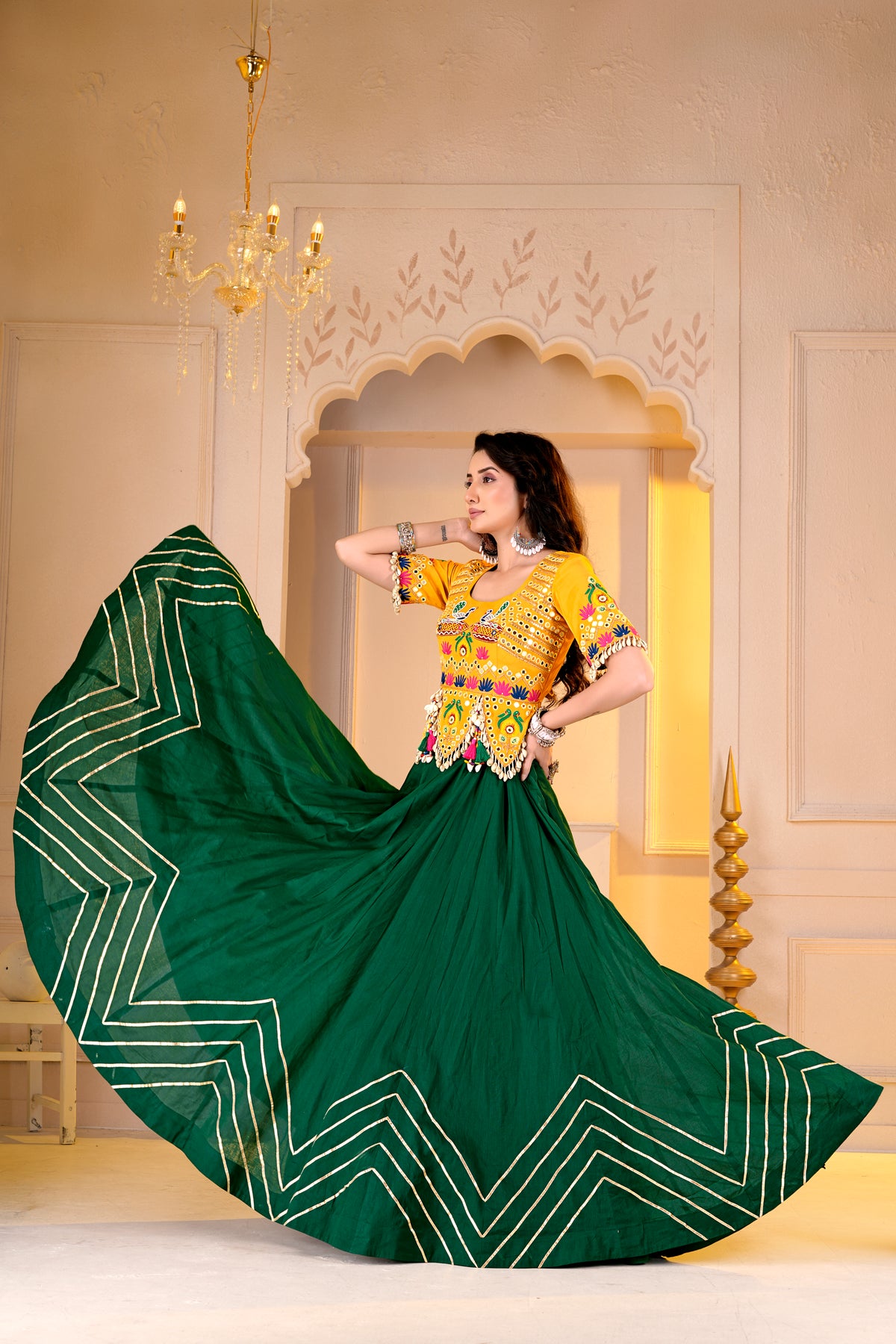 Yellow Green Navratri Lehnga