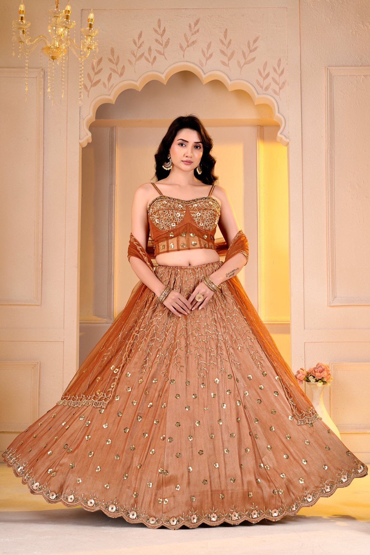 Rust Orange Sheer Blouse and lehnga