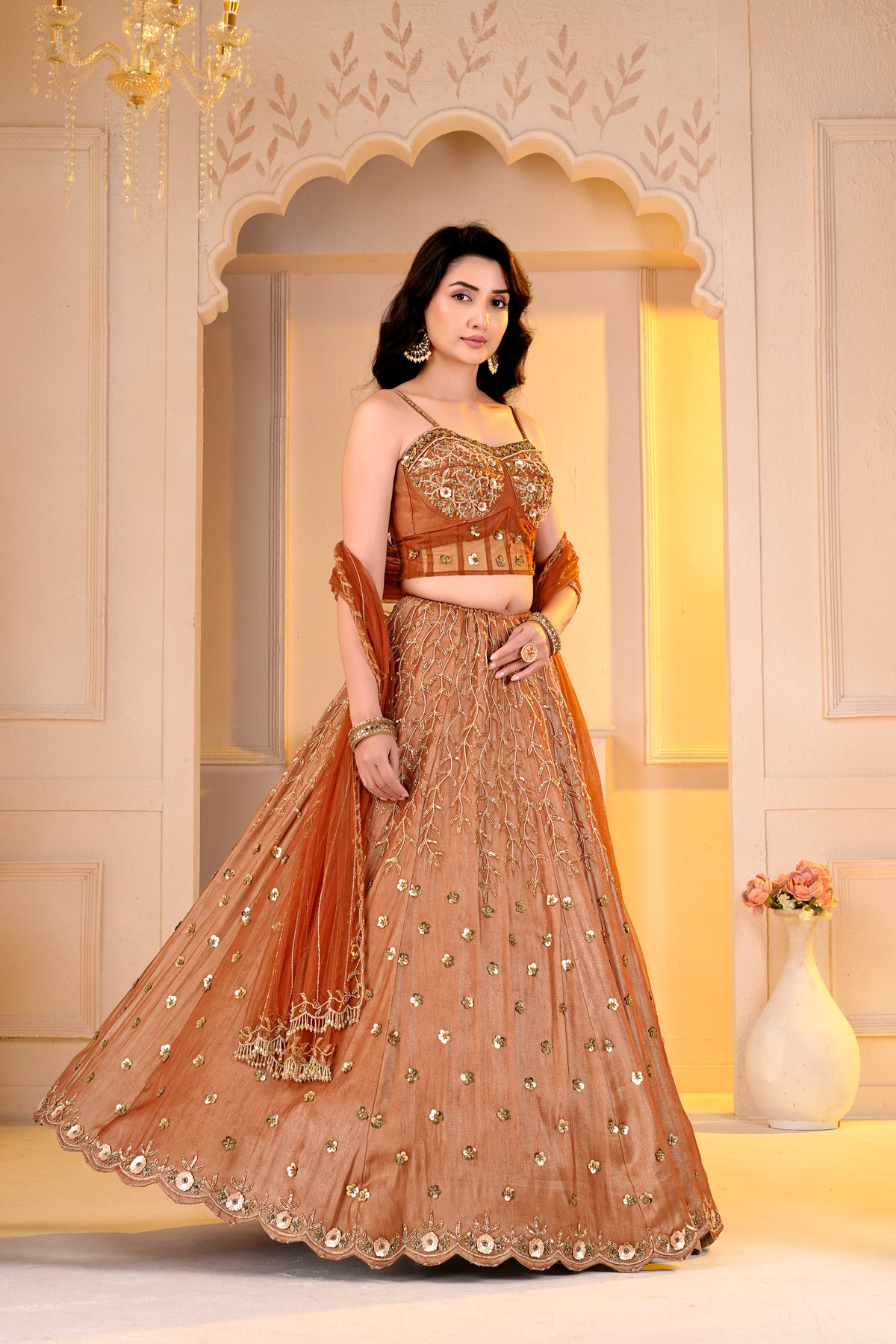 Rust Orange Sheer Blouse and lehnga