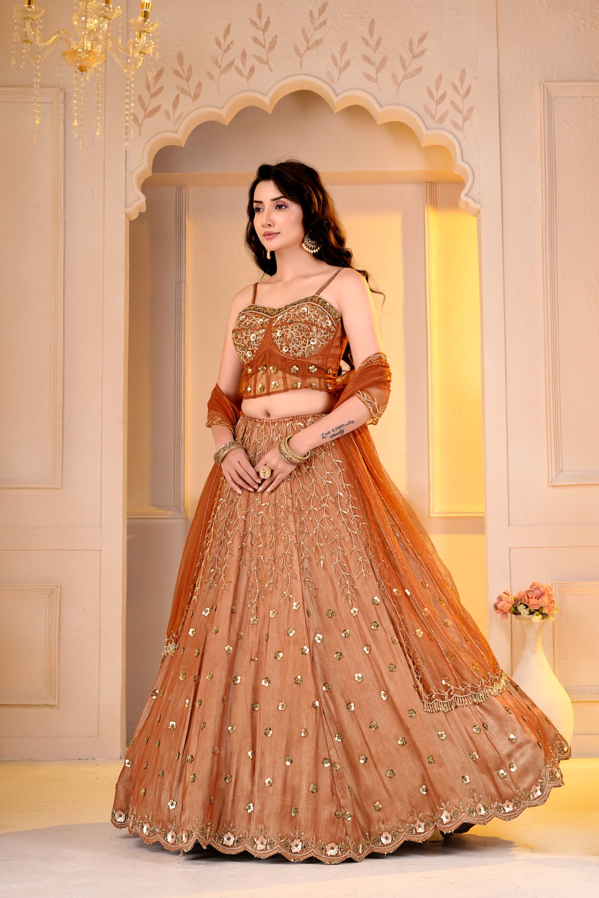 Rust Orange Sheer Blouse and lehnga
