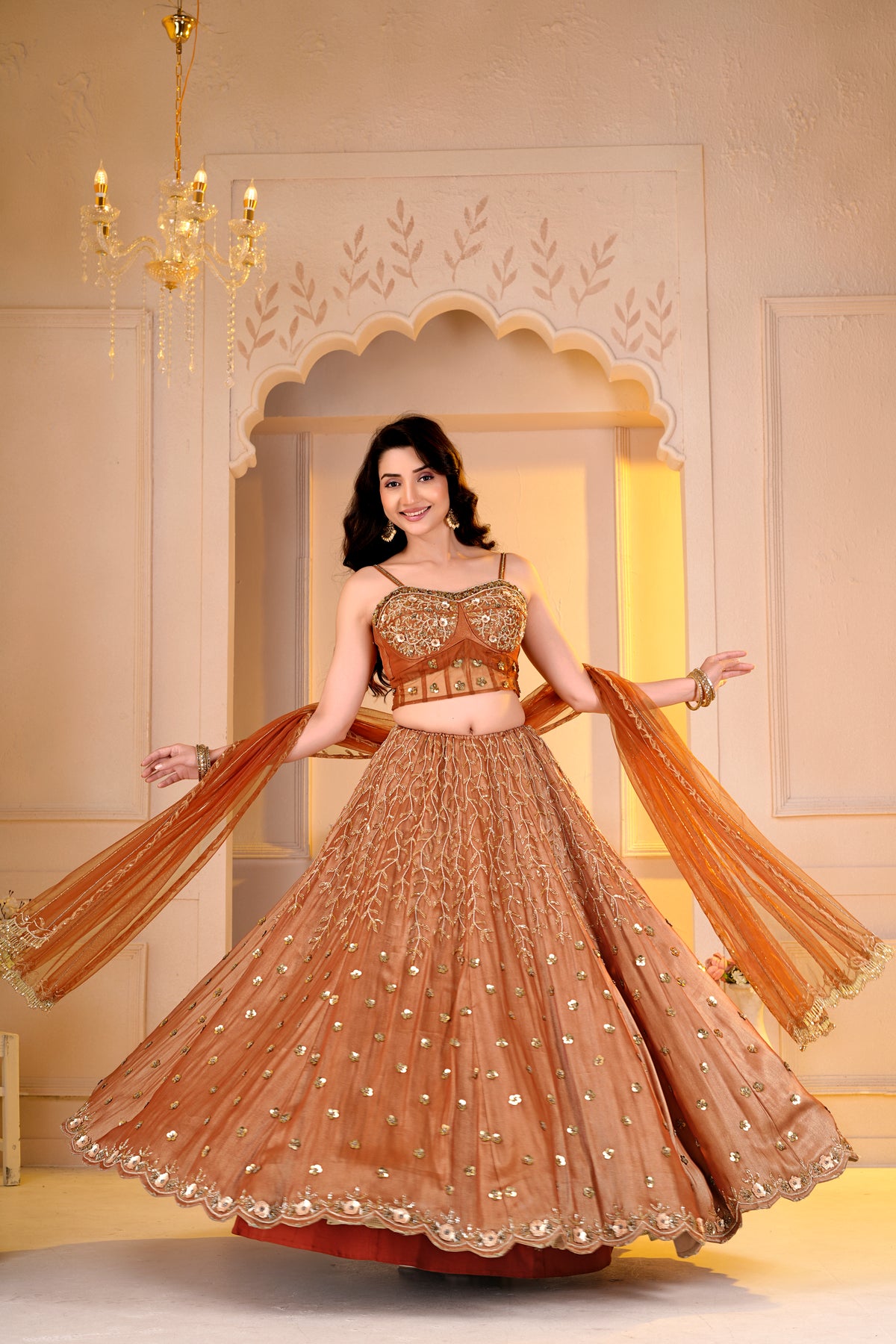 Rust Orange Sheer Blouse and lehnga