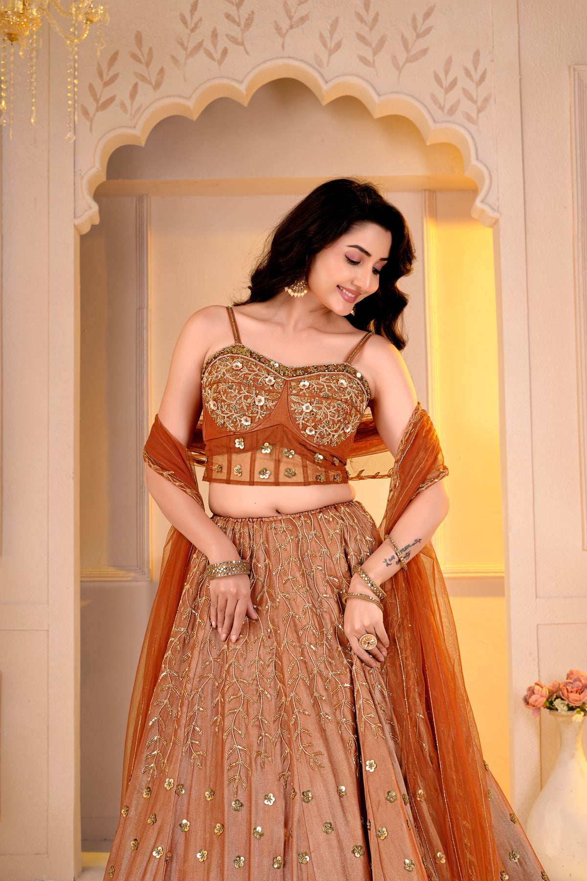 Rust Orange Sheer Blouse and lehnga
