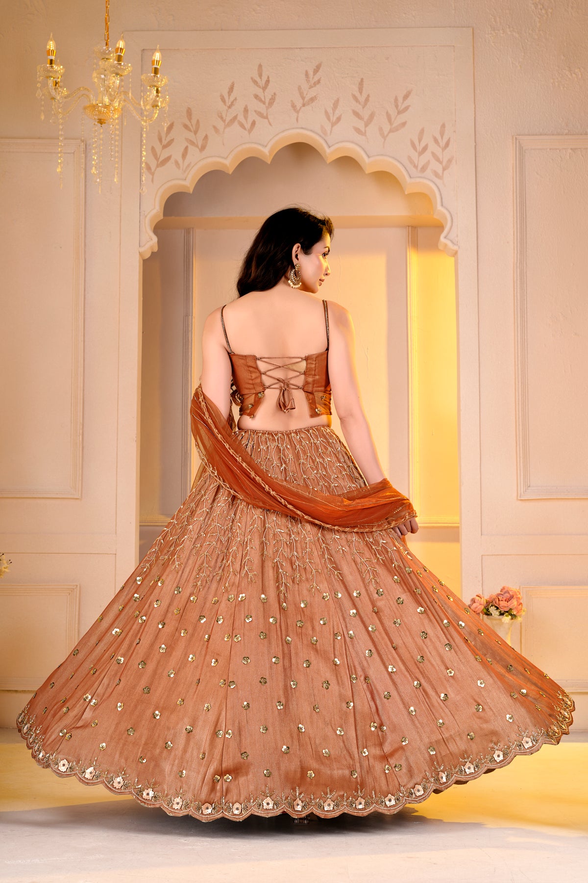 Rust Orange Sheer Blouse and lehnga