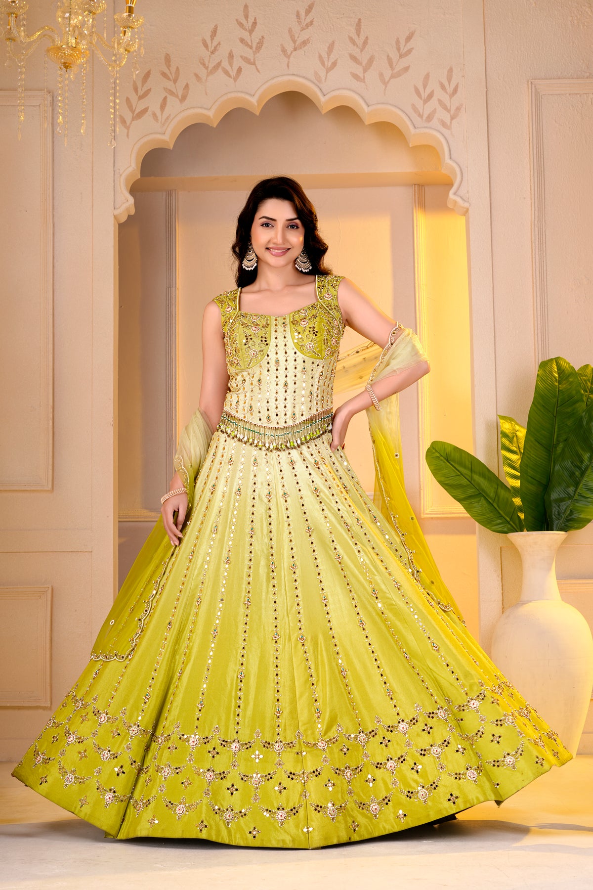 Lime Yellow Corset Blouse and lehnga