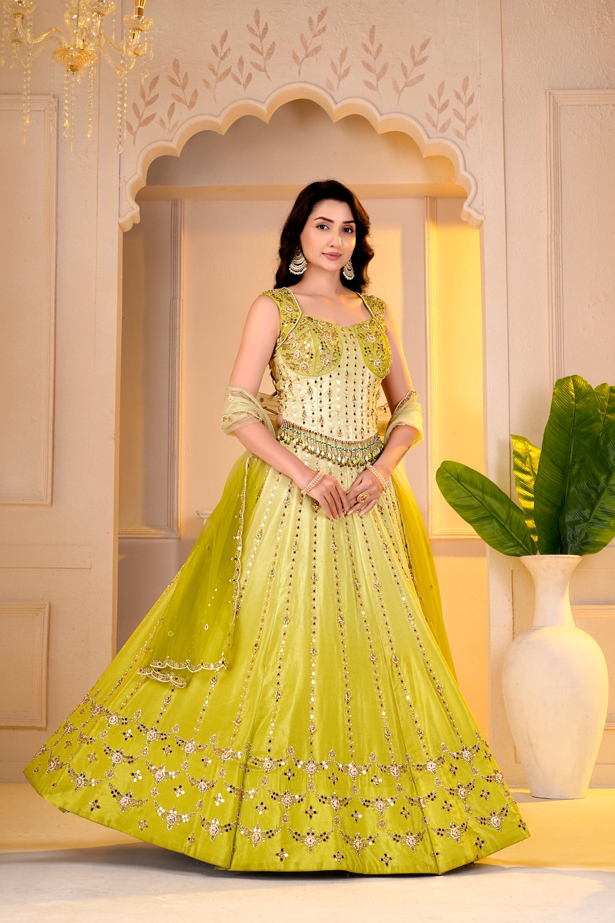 Lime Yellow Corset Blouse and lehnga