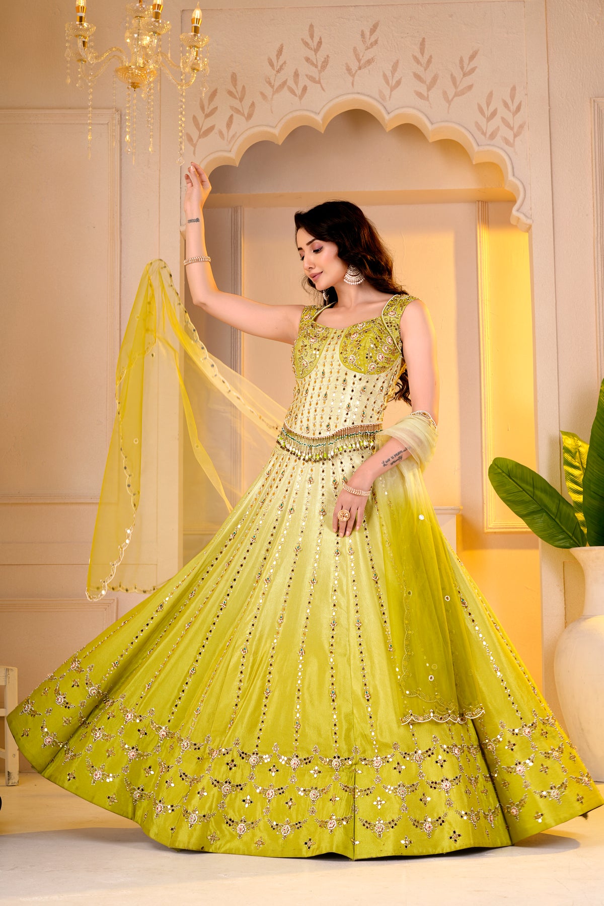 Lime Yellow Corset Blouse and lehnga