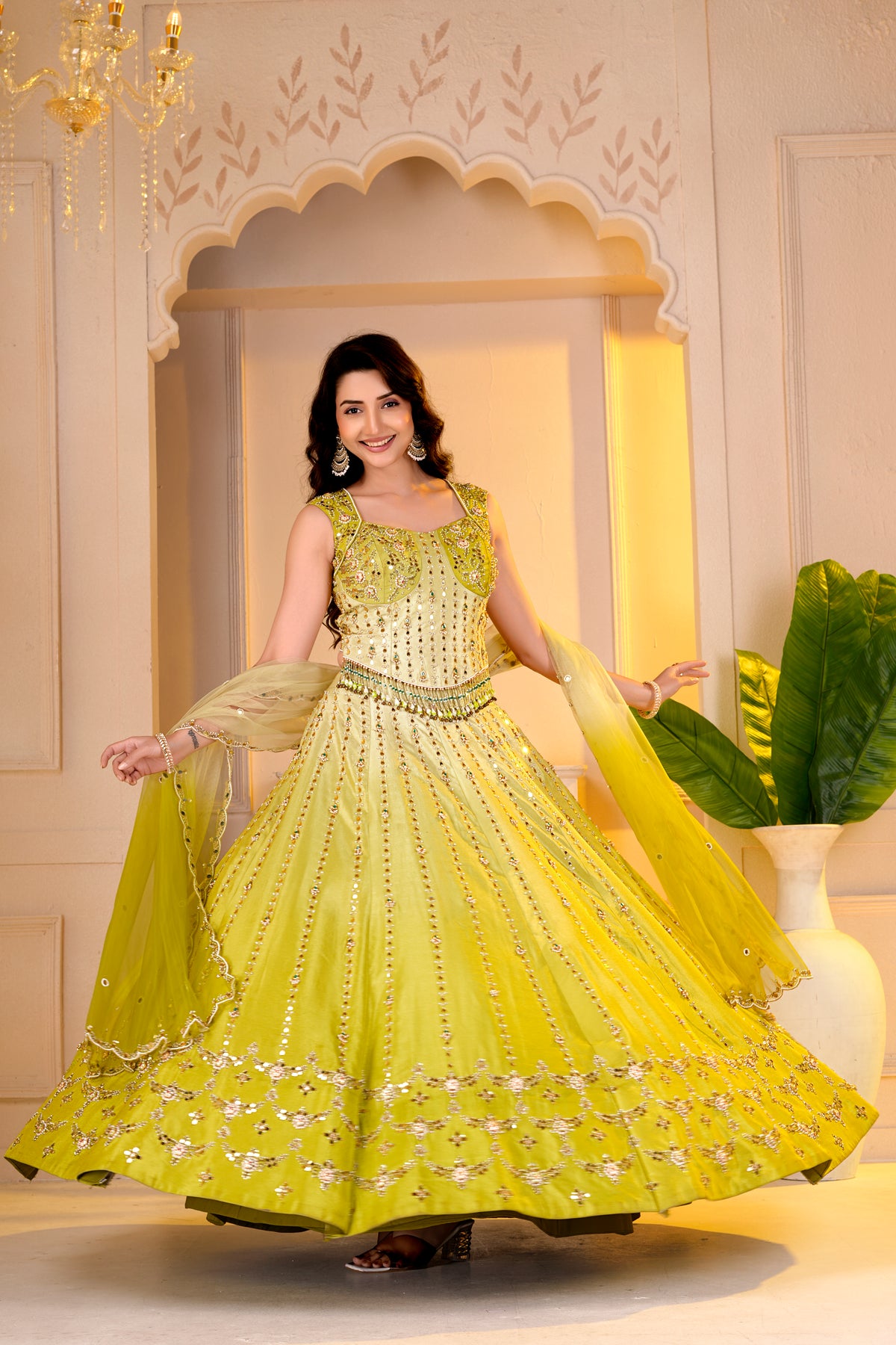 Lime Yellow Corset Blouse and lehnga