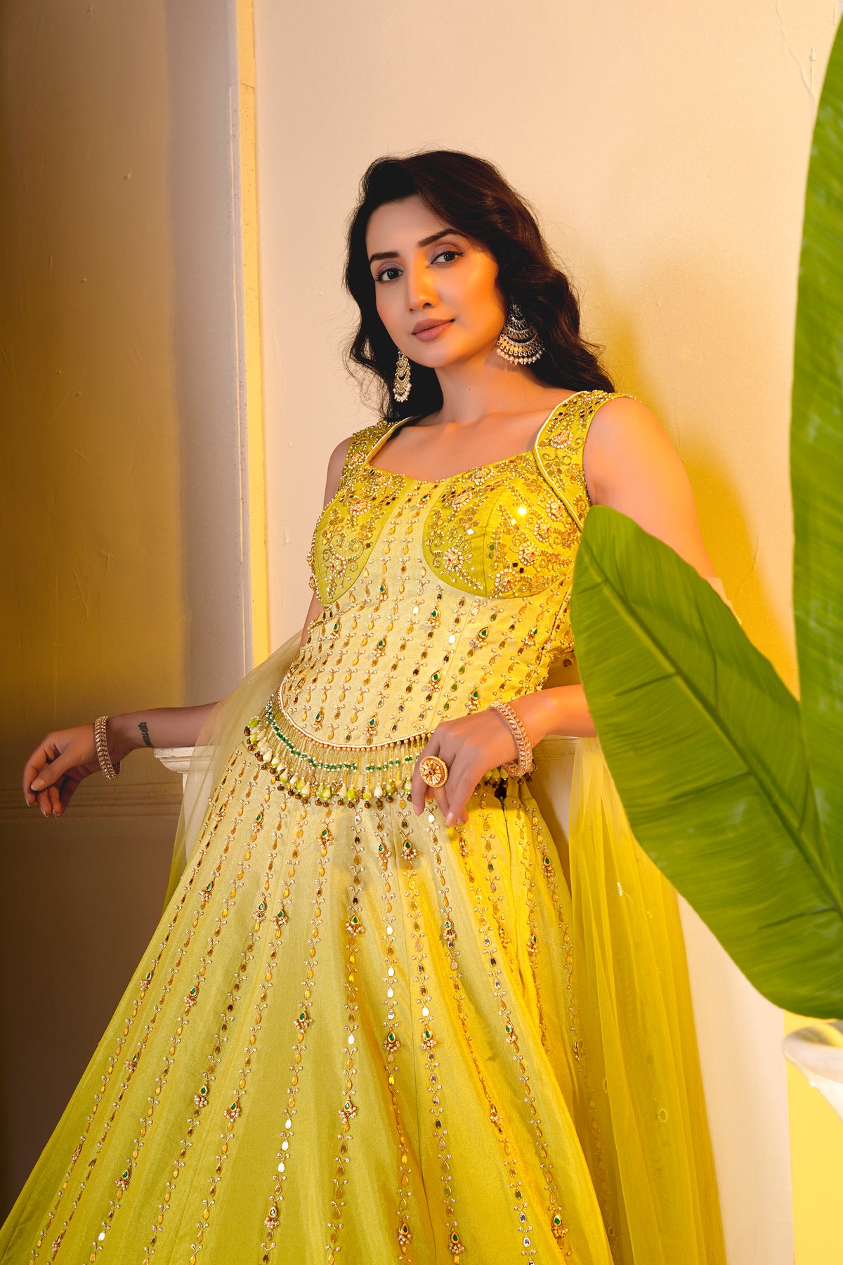 Lime Yellow Corset Blouse and lehnga
