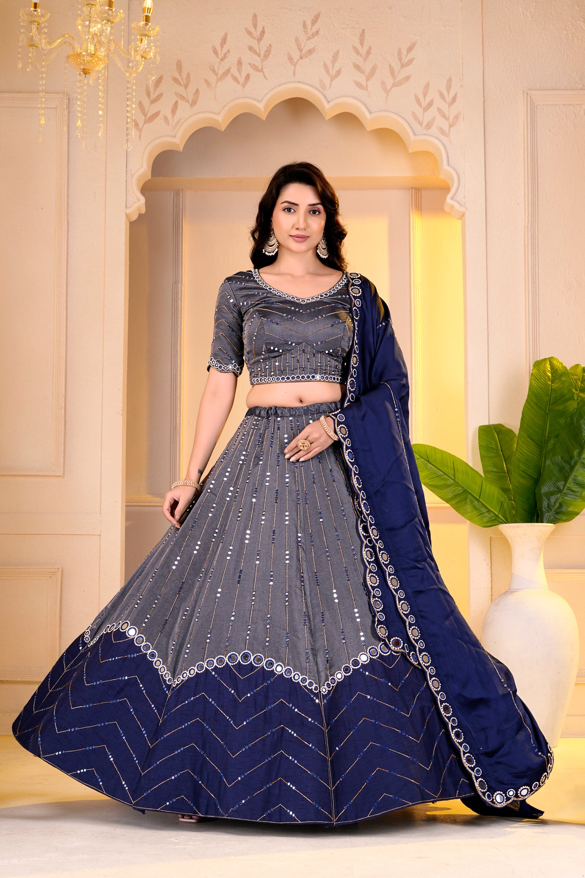 Charcoal Grey and Navy Blue Lehnga