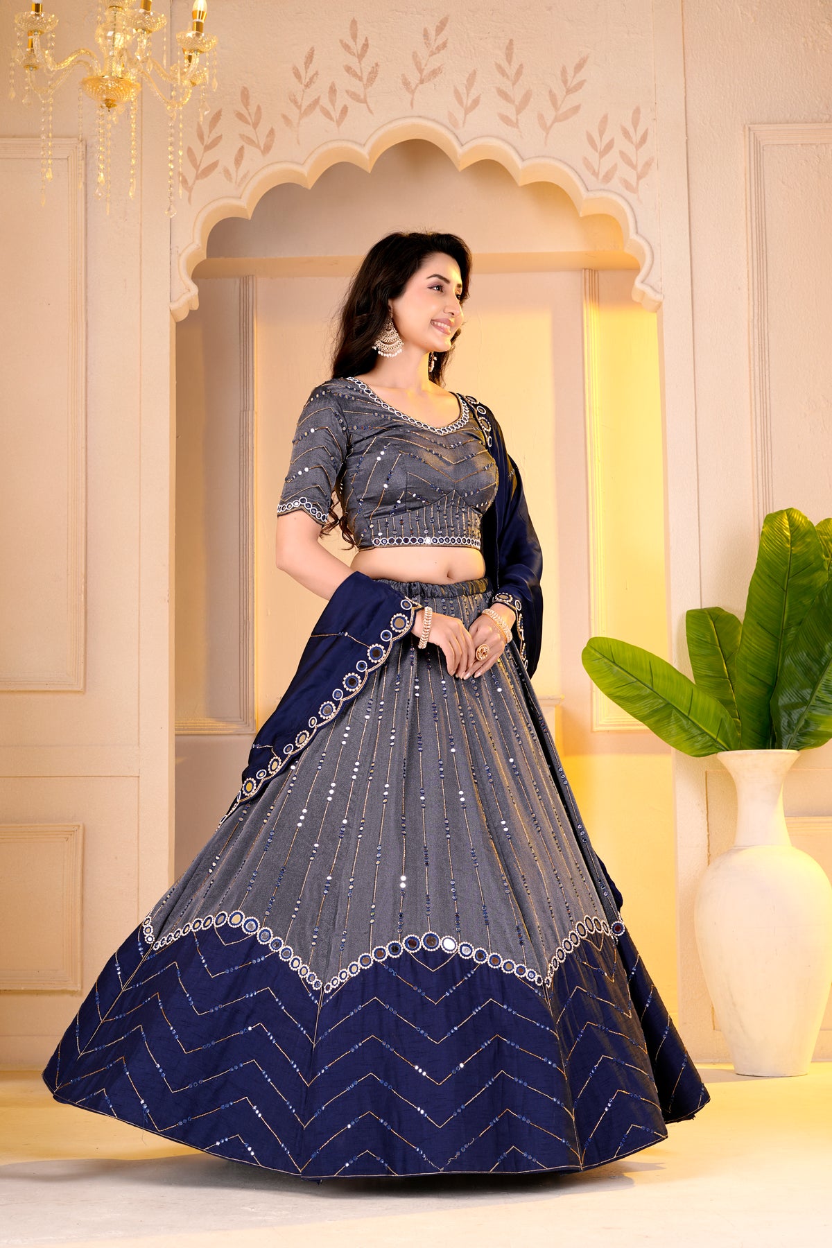 Charcoal Grey and Navy Blue Lehnga