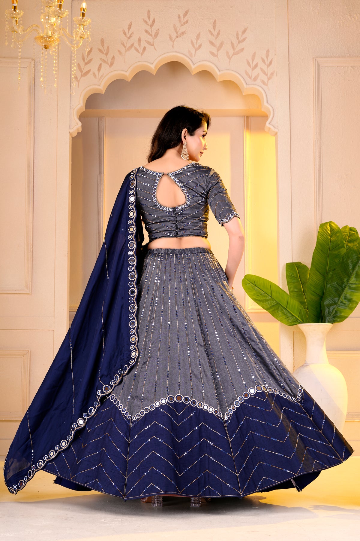 Charcoal Grey and Navy Blue Lehnga