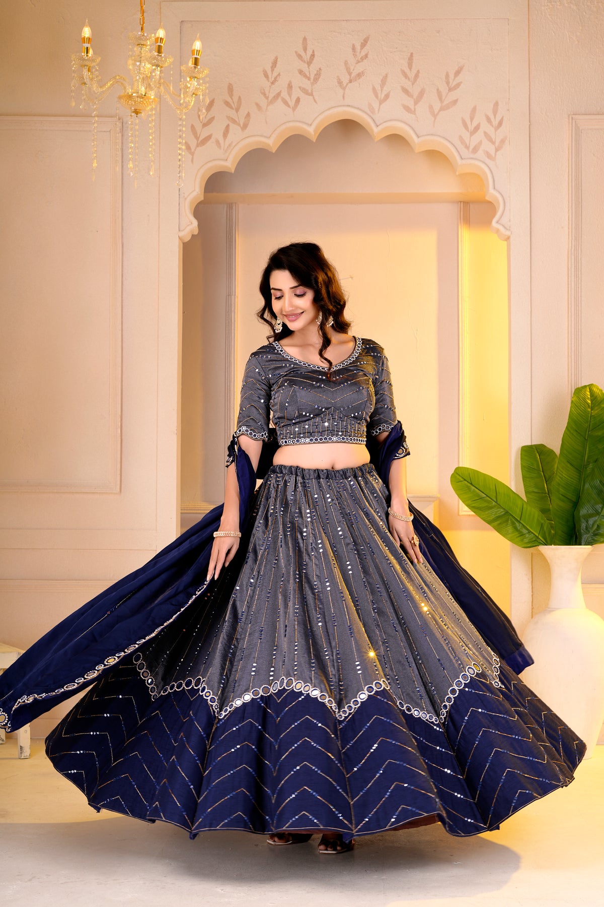 Charcoal Grey and Navy Blue Lehnga