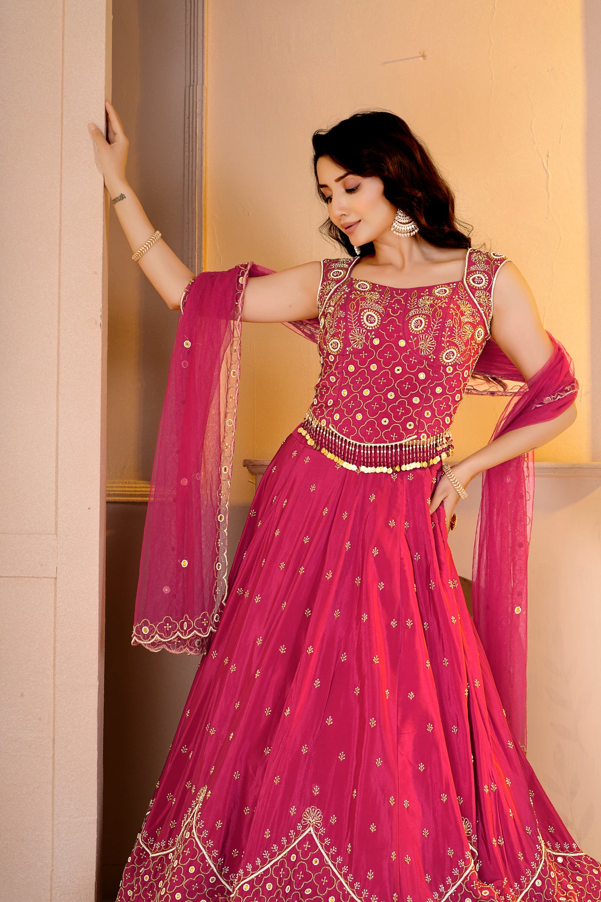 Pink Corset Top with Lehnga